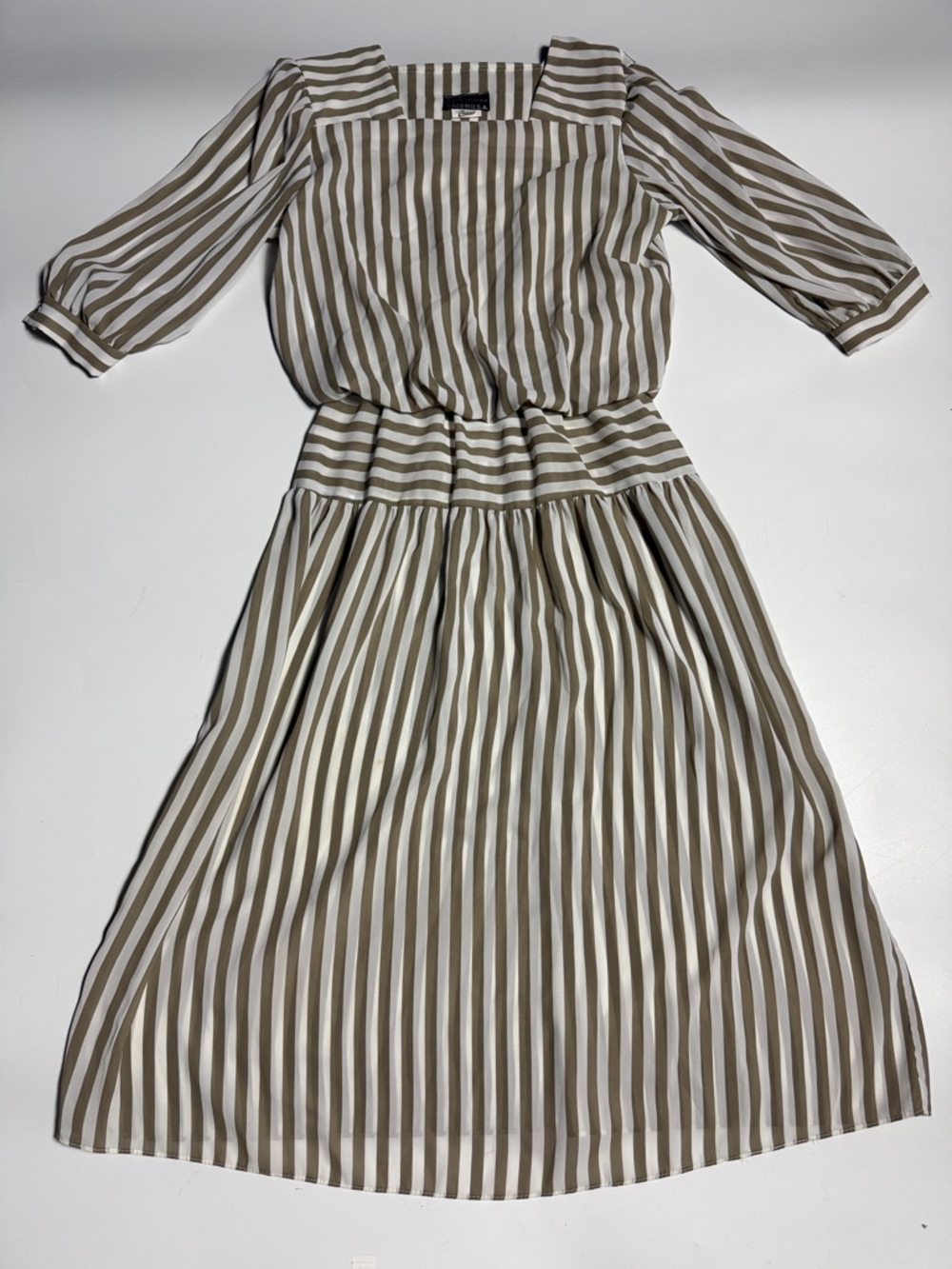 Vintage Beige and White Striped Sheer Maxi Dress Made in USA 12 S M